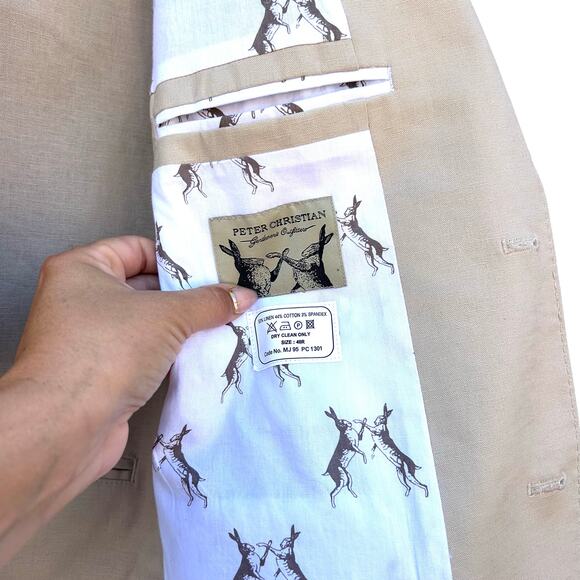 Peter Christian Men’s Suit Set Blazer Jacket Pants Slacks 48R Linen Cotton Beige - Picture 5 of 11